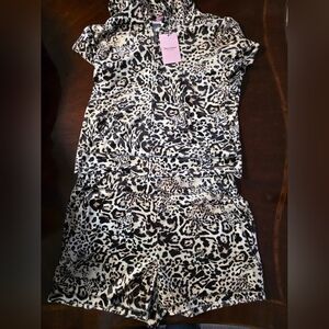 Juicy Couture Leopard Rhinestone Logo Shorts & Short Sleeve Hoodie Velour Set XL
